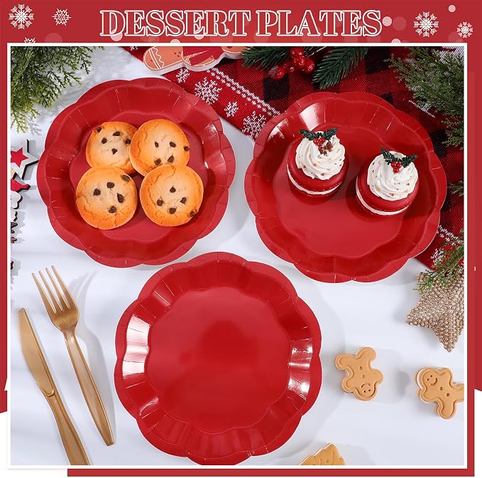 NatNarr 30 Pcs Red Paper Plates 7 Inch Scalloped Dessert Plates Cake Plate | - Image 4