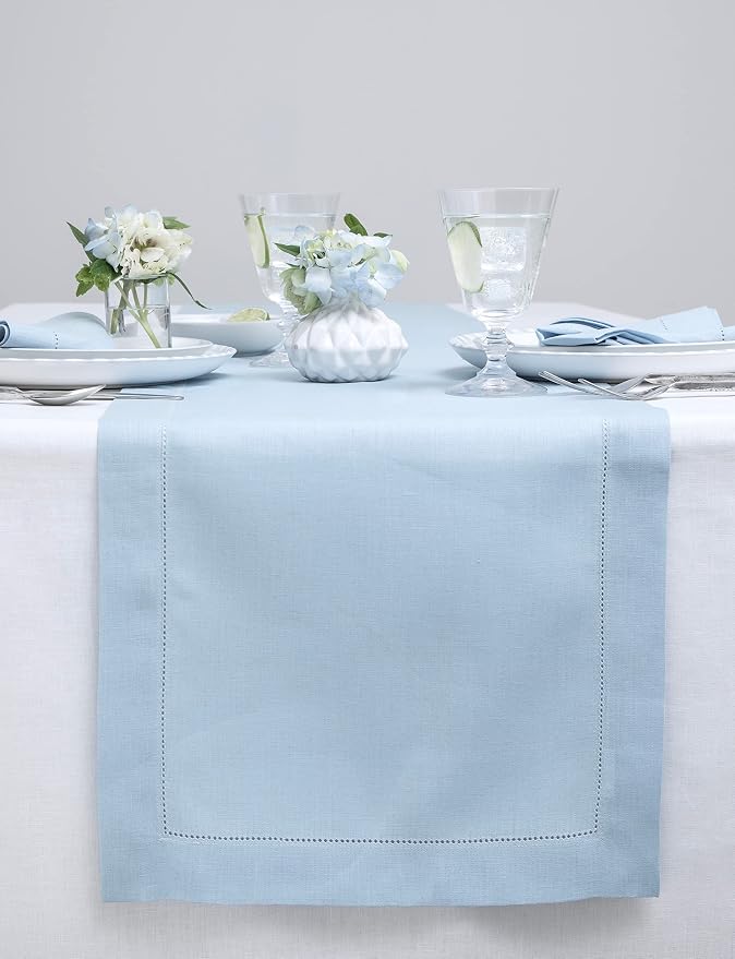 Solino Home 100% Linen Table Runner Sky Blue, Classic Hemstitch 14 x 120 in | by SolinoHome