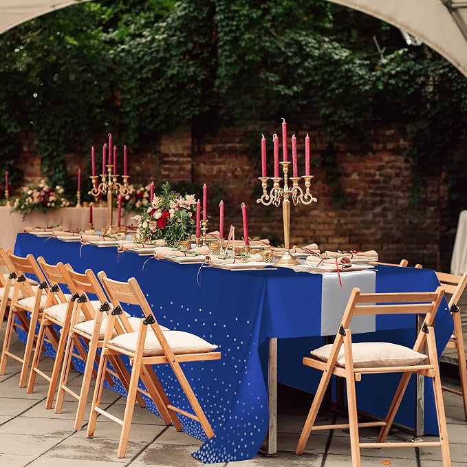 8Pack Disposable Plastic Tablecloths and Satin Table Runner Set Blue and Silver - Image 7