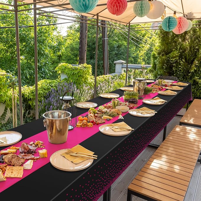8Pack Disposable Plastic Party Tablecloths and Satin Table Runner Set Black Hot - Image 7