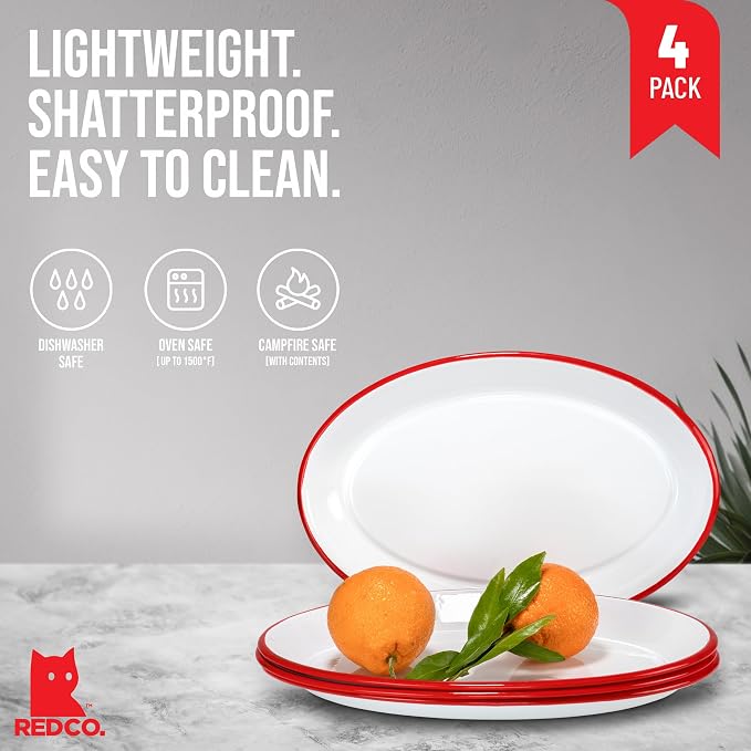 Red Co. Set of 4 Enamelware Metal Classic 13" Serving Oval Tray Platter - Image 2