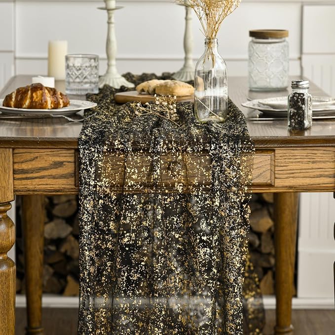 Artoid Mode Black Gold Gauze Table Runner 120 Inch 10Pcs, Glitter Metallic Foil - Image 2