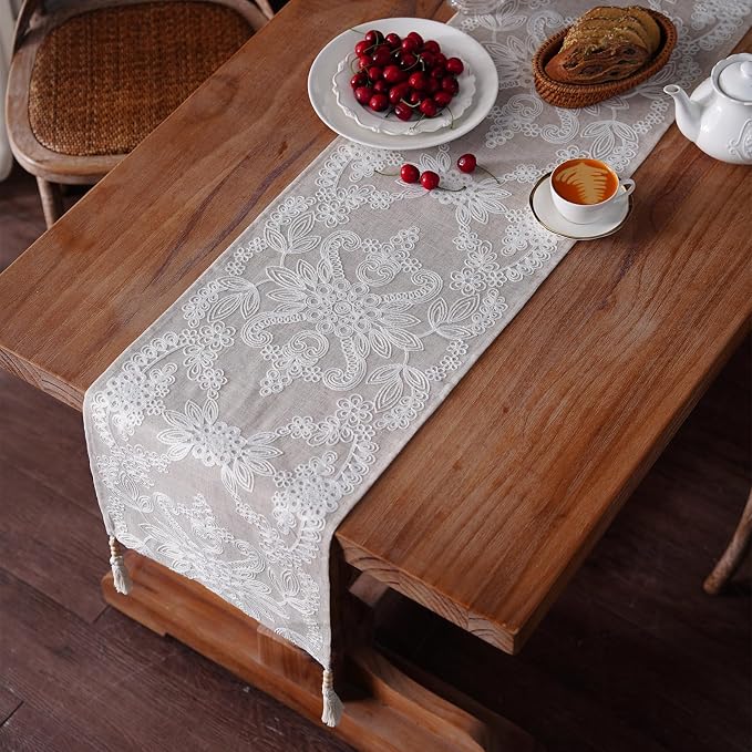 Embroidered Table Runner Boho Farmhouse Dresser Scarf, 4 Tassel Pendants - Image 3
