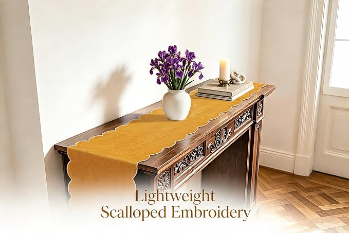 100% Natural Linen Rustic Scalloped Embroidery Table Runner 104 Inches Long - Image 3