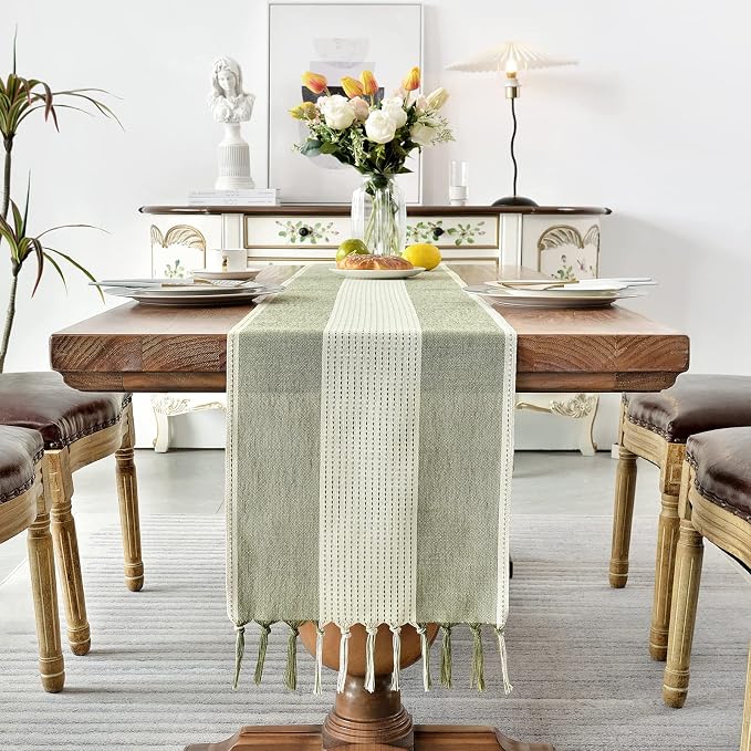 Wracra Linen Table Runner, Stripe Table Runners 48 Inches Sage Green | Delicate - Image 4
