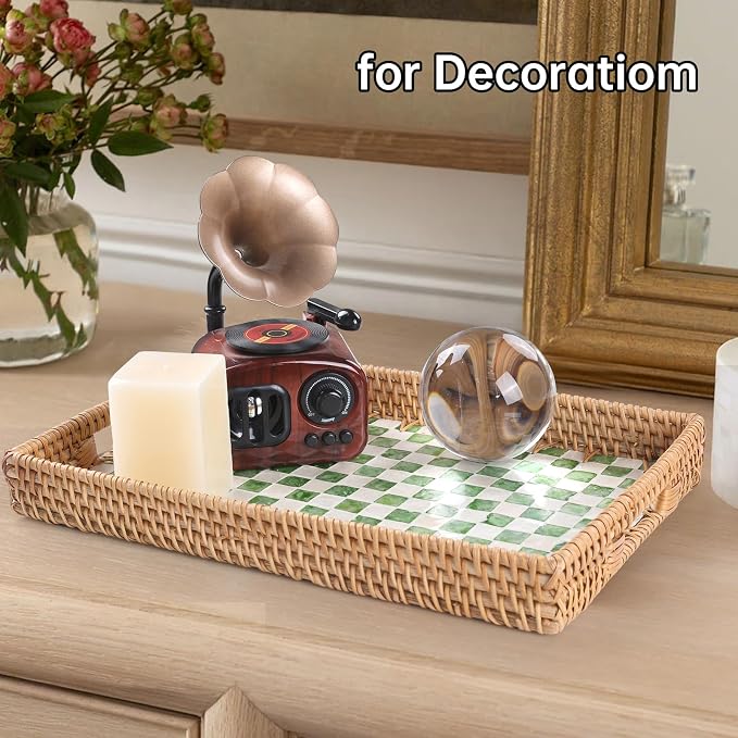 Rectangle Rattan Tray with Mother of Pearl Inlay, Rattan Serving Tray with - Image 7