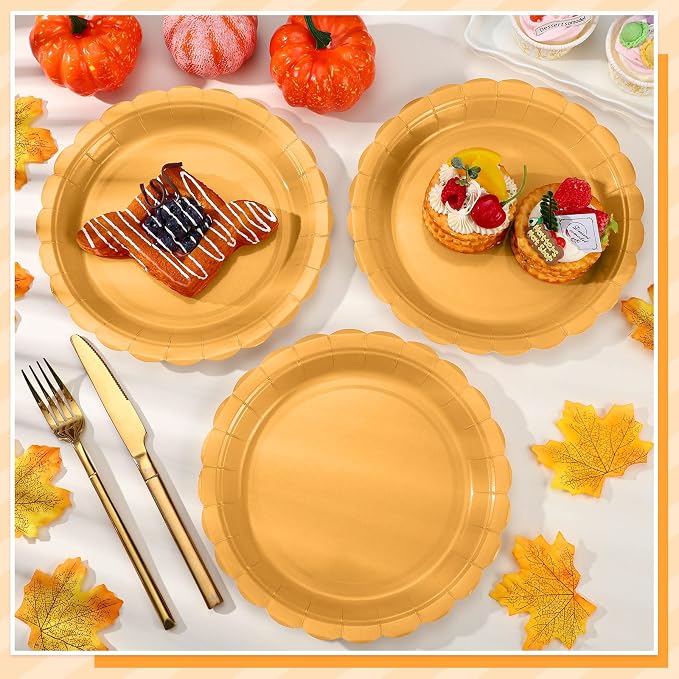 NatNarr 30 Pk Orange Plates 9" Scalloped Fall Thanksgiving Dessert Plates | - Image 4