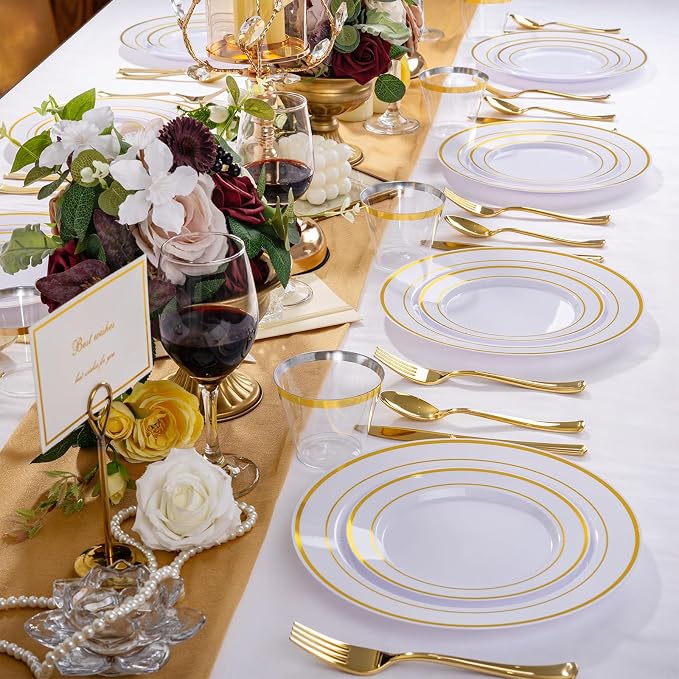 WELLIFE 450 PCS Gold Plastic Plates Set, Dinner & Salad Plates Cups Forks - Image 4