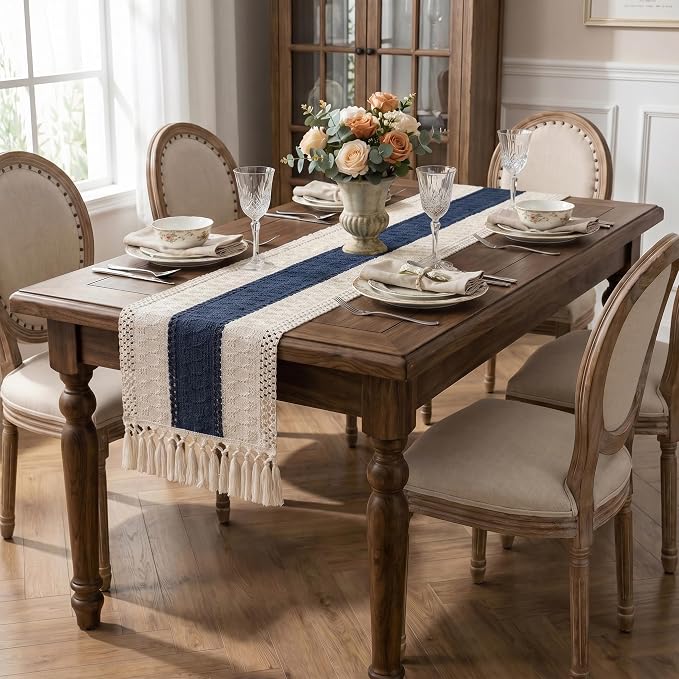 Boho Macrame Table Runner with Tassels 48in Blue Farmhouse Runner | Macrame - Image 3
