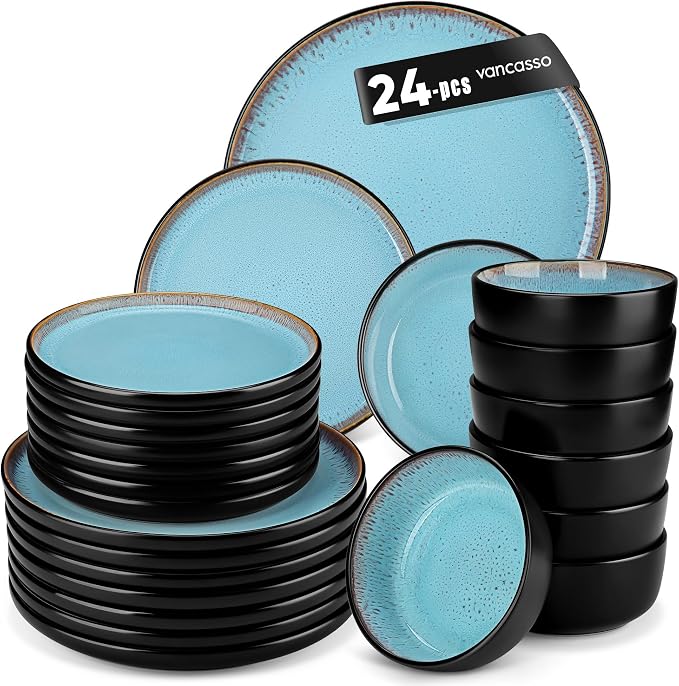 vancasso Plates and Bowls Sets, 24 Pieces Stoneware Dinnerware Sets by vancasso
