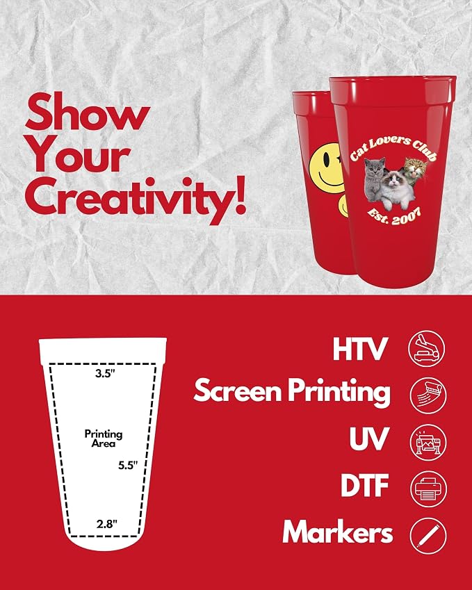 PartyPrints 100 Pack 32 oz Red Reusable Blank Plastic Cups, Colored Plastic - Image 3