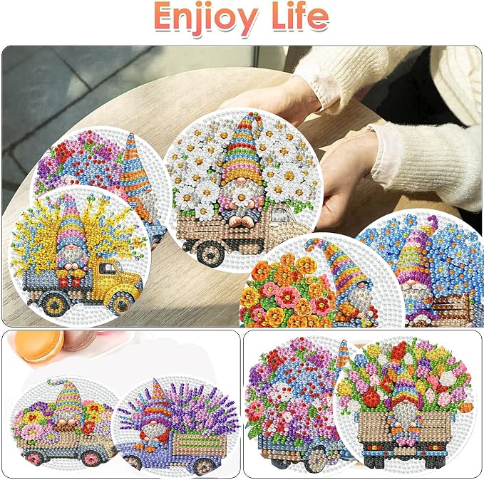 ijbnhd 8 PCS Gnome Diamond Art Coasters Kit 4X4inch | Gnome Diamond Painting - Image 2