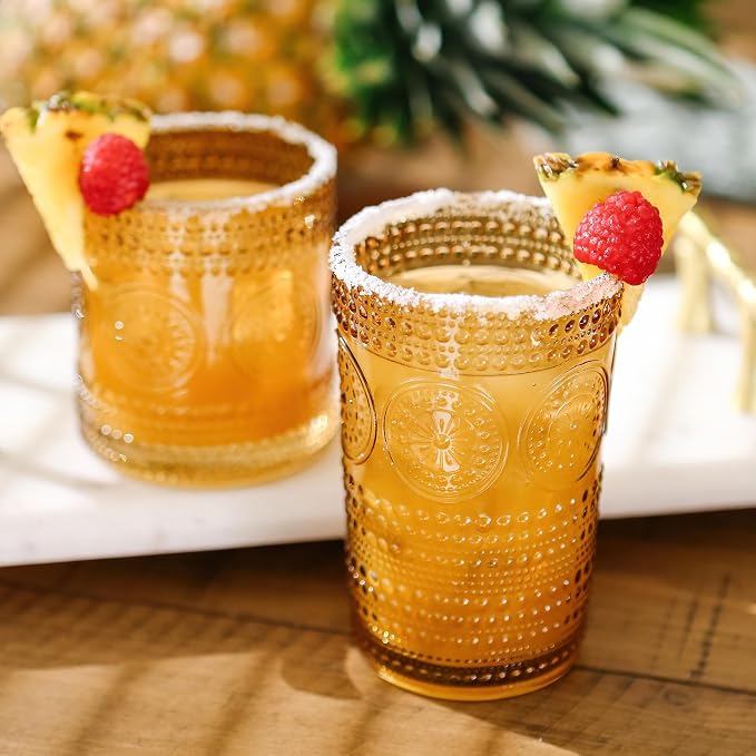 Hobnail Beaded Floral Amber Drinking Glasses Set of 6, Vintage Glassware Set by - Image 2