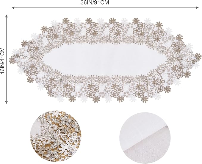 White Beige Floral Lace Table Runner Dresser Scarf | Floral Lace Border - Image 7