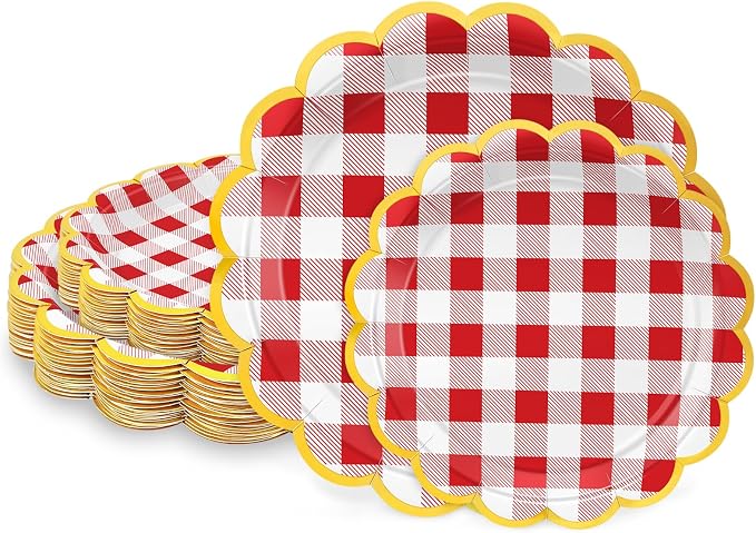 50 Pcs Red Gingham Paper Plates Disposable, Dessert Cake Plates, by LIKAJON