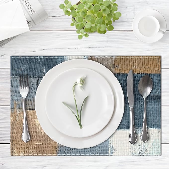 Emvency Farmhouse Placemats Set of 6, 12x18 Inch, Geometric Blue Brown | - Image 2