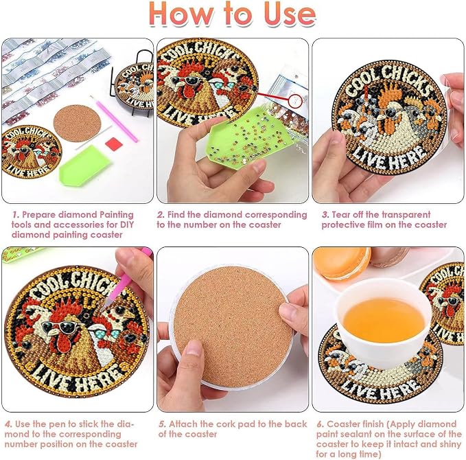8 PCS Chicken Diamond Art Coasters Kits Diamond Painting Coaster | Diamond - Image 3