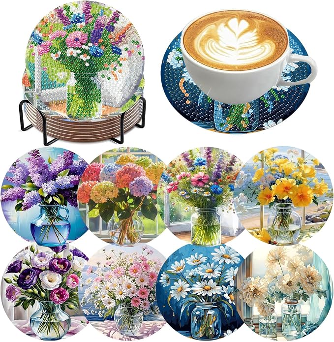 Ekuxom 8 PCS Flowers Diamond Art Coasters Kits by Ekuxom
