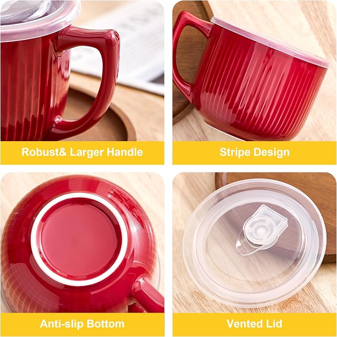 Ceramic Soup Bowl with Handle & Lid, 32oz Microwave Ramen Bowl Set of 2 | - Image 5