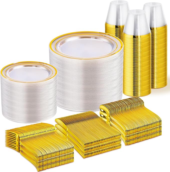 WELLIFE 600 PCS Clear Gold Disposable Dinnerware Set by WELLIFE