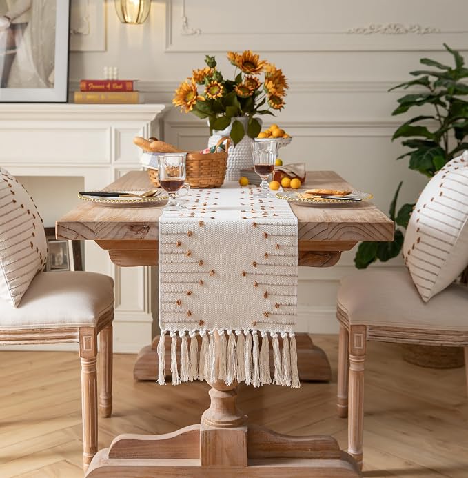 Boho Table Runner 13 x 108 Inch Long Natural Cotton Woven Runner - Image 6