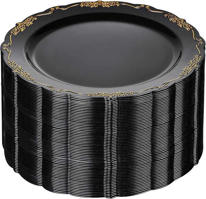 DaYammi 60PCS Black and Gold Plastic Plates, Heavy Duty Black and Gold by DaYammiwillaccompanyyou