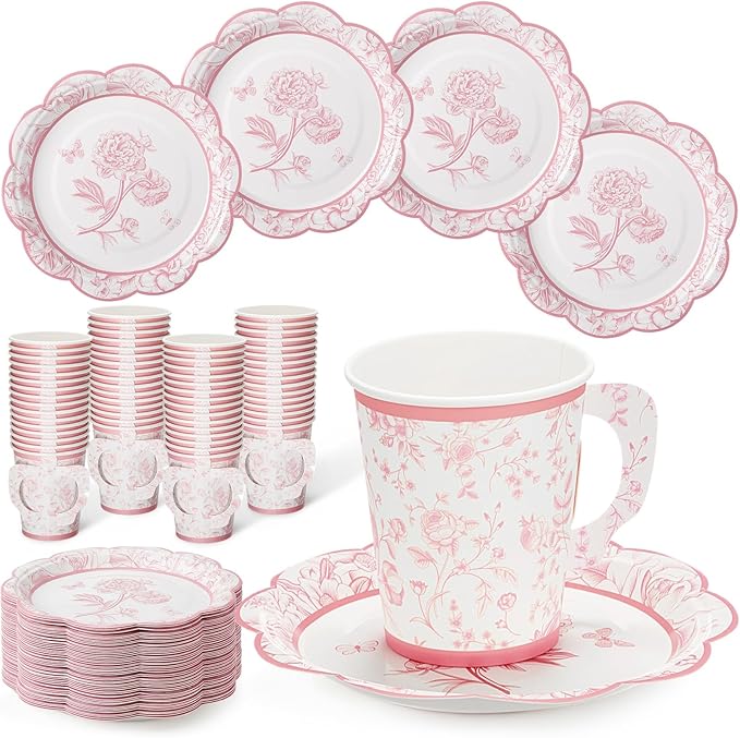 FillTouch 48 Sets Pink Floral Paper Tea Cups and Saucers Disposable Paper Tea by FillTouch