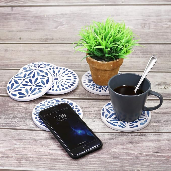 AD Set of 6 Coasters for Drinks Absorbing Round Ceramic Stone Coaster - Image 8