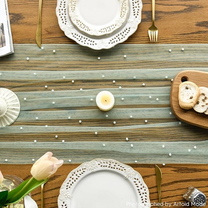 Artoid Mode Pearl Grass Green Gauze Table Runner 59x120 Inch, Seasonal Sheer - Image 2