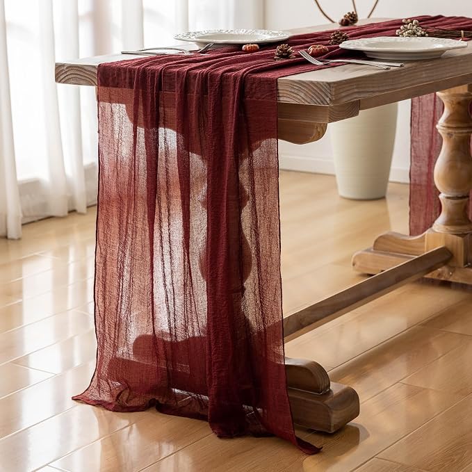 6Pcs Burgundy Cheesecloth Table Runner 120 Inches - Image 5