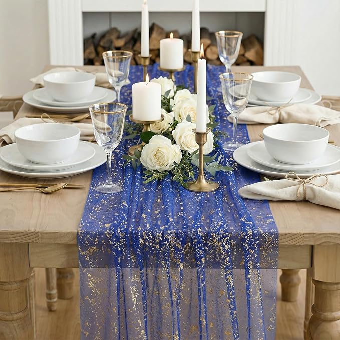 Artoid Mode Blue Gold Gauze Table Runner 59x120 Inch 10FT, Glitter Metallic - Image 5