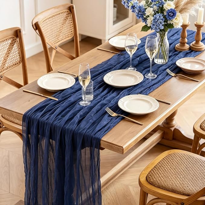 Navy Blue Table Runner, 10FT Rustic Gauze Blue Table Runner 35*120inch Boho - Image 3