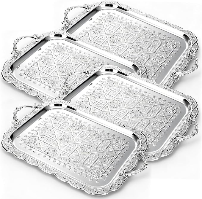 4 Pack Serving Tray with Handles 15.2 x 12.2 Inch Large Metal Plate Floral by Unknown