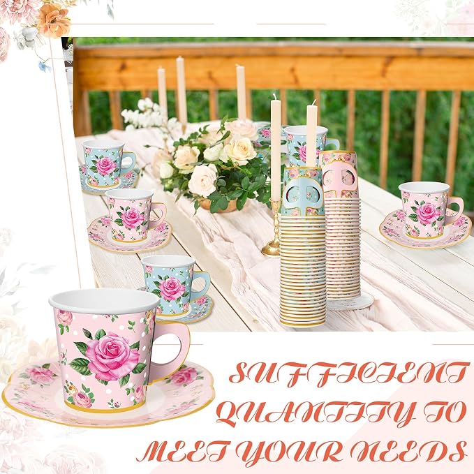 Umigy 36 Sets Floral Tea Party Decorations 6.5 oz Floral Paper Teacups & Saucer - Image 5