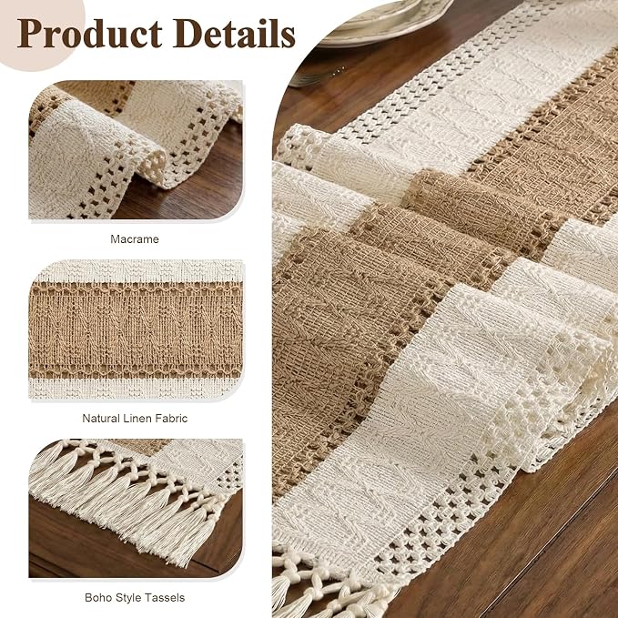 Burlap Boho Table Runner Macrame Brown 36in Farmhouse Woven Runner | Burlap - Image 4