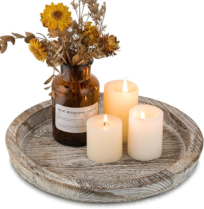 Hanobe Round Wood Candle Holder Tray, Rustic Coffee Table Centerpiece Decor | by Hanobe