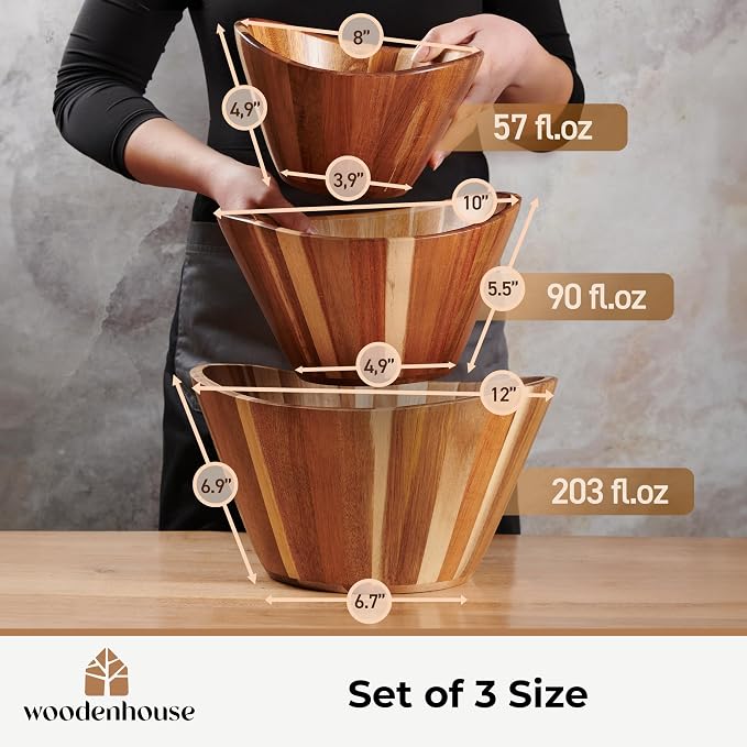 Wooden Salad Bowl Set of 3, Wavy Wood Bowls - Image 4
