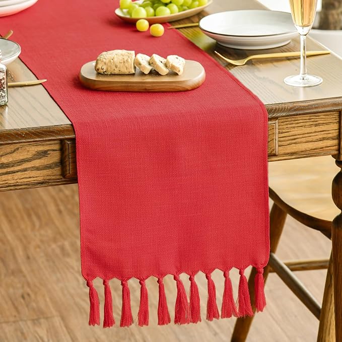 Artoid Mode Red Tassel Table Runner, Christmas New Year Linen Blend Rustic by ArtoidMode