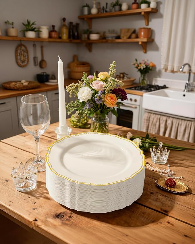 60 Pcs Ivory Gold Dinner Plates - Image 8