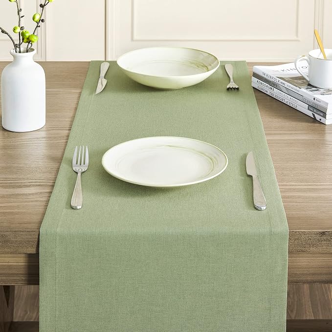 Basic Linen Style Table Runner, 14x108 Inch Sage Green | Mitered Corner Design - Image 5