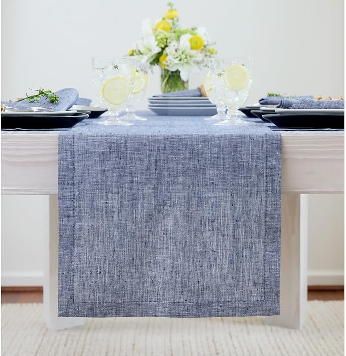 Solino Home 100% Pure Linen Table Runner Chambray Indigo, Athena 14 x 72 in | - Image 2
