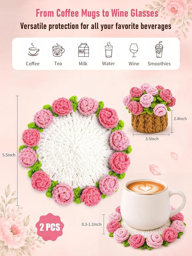 Crochet Flower Bouquet Coasters, Cotton Rose Gifts - Image 2