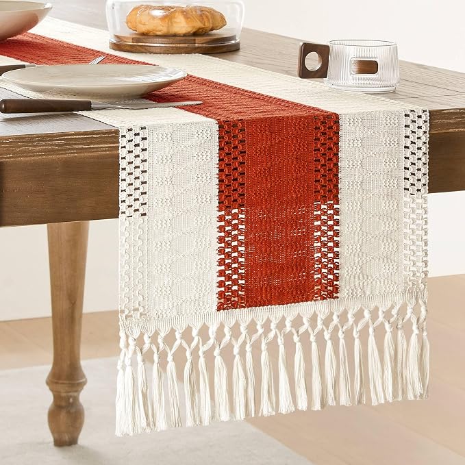 Macrame Style Bicolor Stitching Table Runner 14x90in Orange | Woven Boho Table by ZEEMARTONLINE