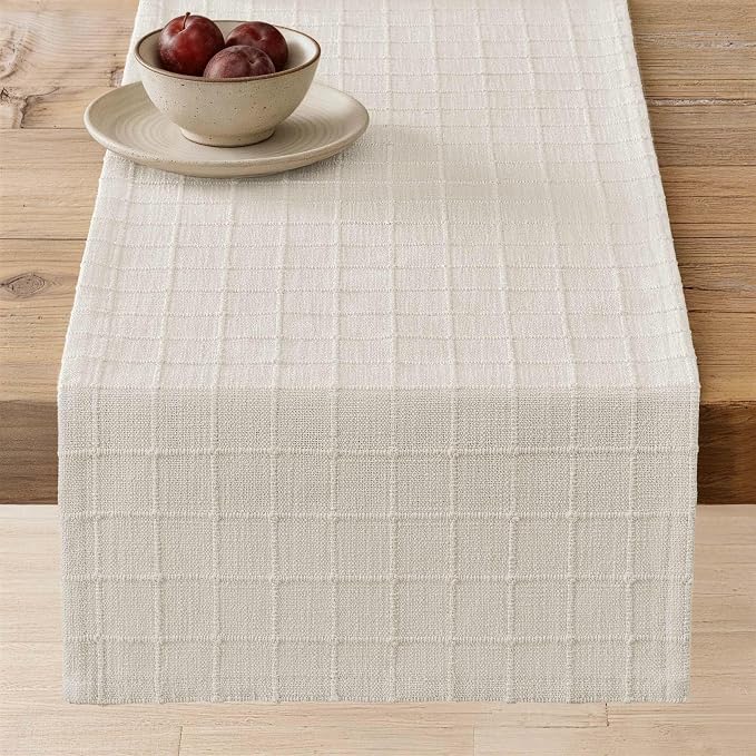 Artisanal Grid Linen Table Runner, 13x108 Inches Ivory | Heavy Textured by ZEEMARTONLINE