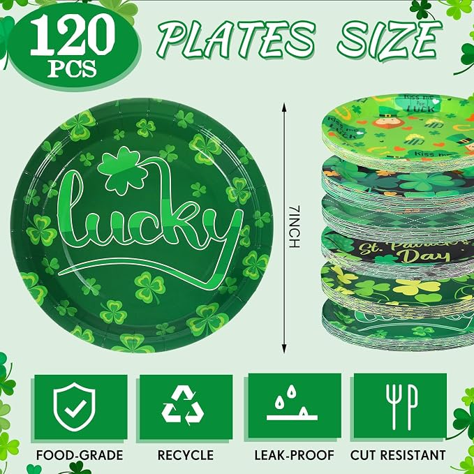120 Pieces 7 Inch St. Patrick's Day Party Plates Green Shamrocks Dinnerware - Image 2