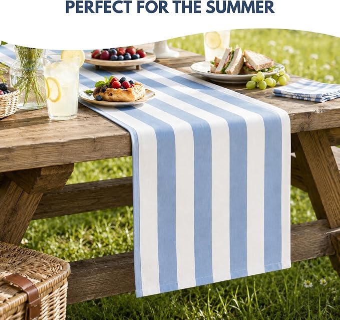 Folkulture Table Runner 108 Inches Long Blue & White Striped Cotton Coastal - Image 4