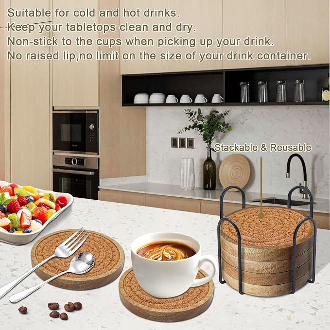Eykao 6 Pack Coasters for Drinks Absorbent, 4.3 inches Cork Coasters for Coffee - Image 4