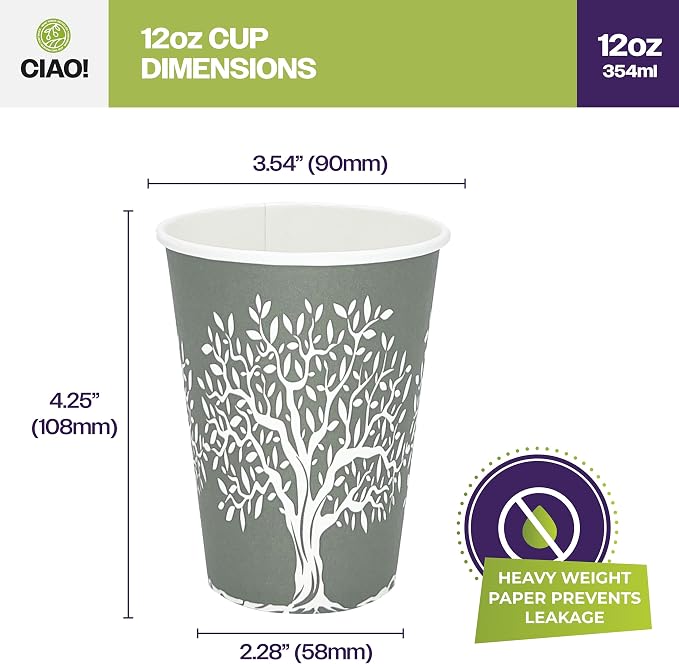 CIAO! 12oz Paper Hot Cup, Rooted Olive Print - Image 4