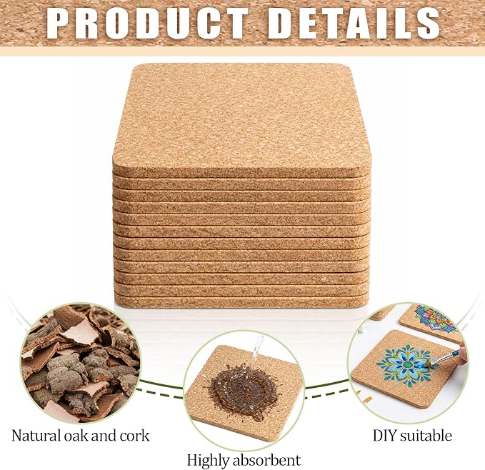 12 PCS Square Cork Coasters, Absorbent Square Coasters, Cork Coaster - Image 3