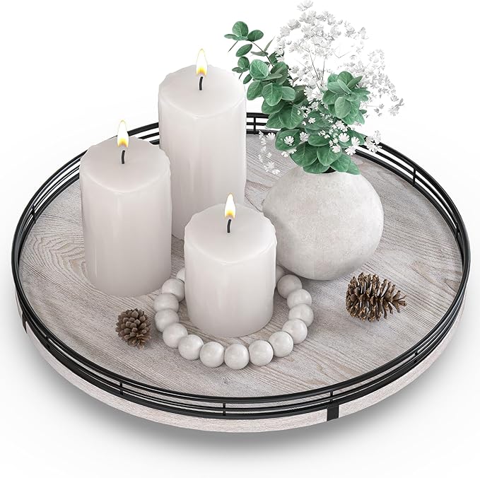 AMH 13-Inch Rustic Whitewashed Oak Lazy Susan Vanity Tray | Smooth rotating oak by AMH